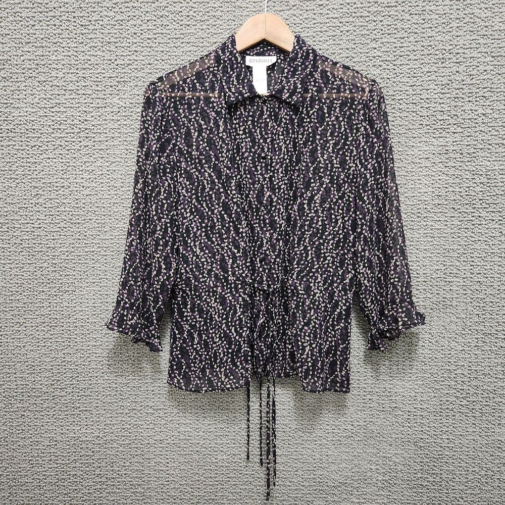 STUDIO I Women's Black Purple Abstract Dot Sheer Tie Front Blouse Size 12
